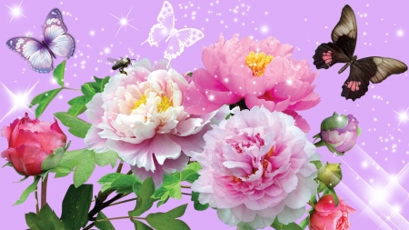 Flowers and Butterfly - blossoms, leaves, paeonies, artwork