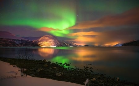 Northern Lights over Lake - water, mountains, lake, lights