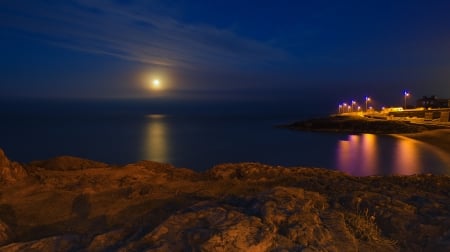 Full Moon in the Night Sky - moon, night, house, sea