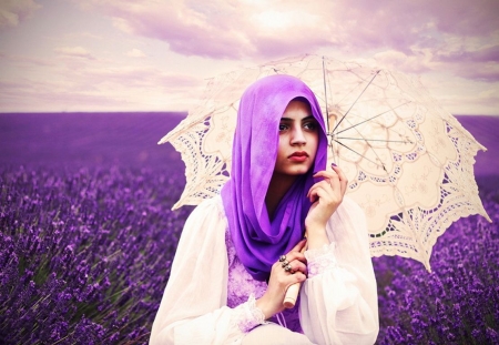 Lavender Girl - umbrella, fiels, purple, woman