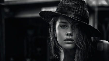 Girl - face, white, bridget maldutyte, black, model, hat, girl, woman