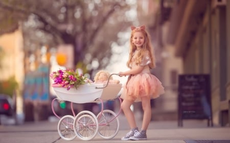 Little girl - girl, lovely, flower, pink, orange, toy, child, bitton, eg, cute, meg