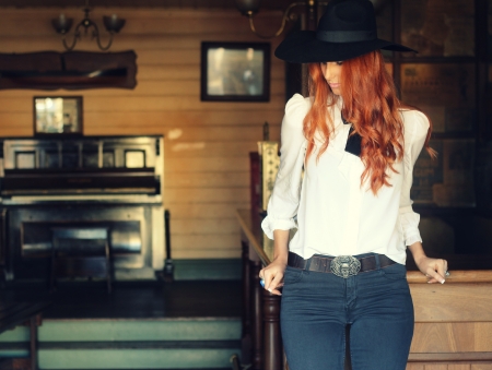 Red Head Cowgirl - women, fun, female, hats, fashion, models, western, girls, cowgirls, style, rodeo, barn, ranch