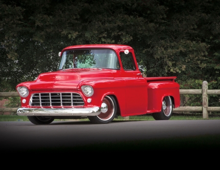 1955-Chevrolet-3100 - red, bowtie, gm, great stance