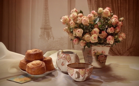 Lovely Still Life - roses, paris, retro, vintage, pink roses, photography, still life, eiffel tower