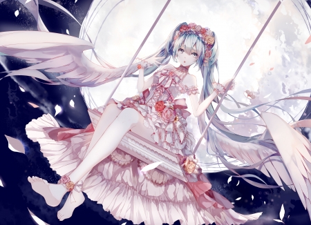 Hatsune Miku - feather, pink, anime, girl, dress, luna, manga, wings, amatsukiryoyu, moon, swing, angel, hatsune miku