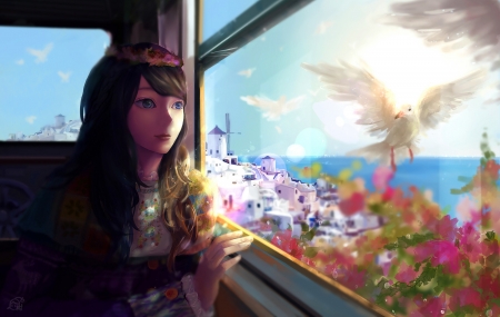 Seagull visit - bird, anime, summer, blue, window, girl, sea, flower, pink, manga, mikan, seagull