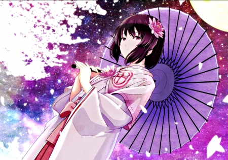 Geisha - tsukumo, spring, purple, umbrella, petals, anime, luna, kimono, manga, moon, stars, girl, night, geisha, sakura, pink, flower