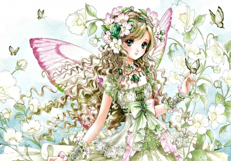 Butterfly wings - flower, pink, anime, shiitake, girl, manga, art, wings, fantasy, butterfly, fairy, green