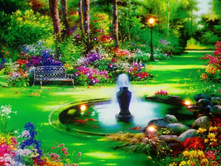 Spring park - freshness, colorful, park, spring, fountain, art, beautiful, flowers, garden