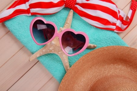 Happy Summer! - hat, heart, summer, blue, pink, starfish, white, red, sunglasses, stripes