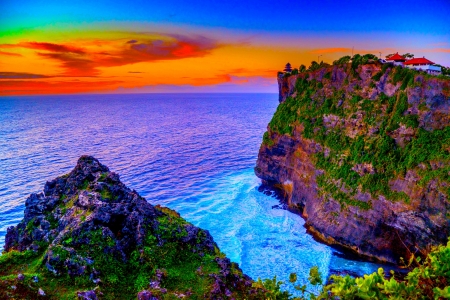 SUNSET CLOUDS - cliff, sky, rock, sunset, sea, shore