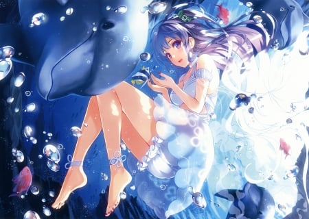 Adventures In The Briny Deep - ocean, girl, anime, fish, barefoot, underwater, dolphin