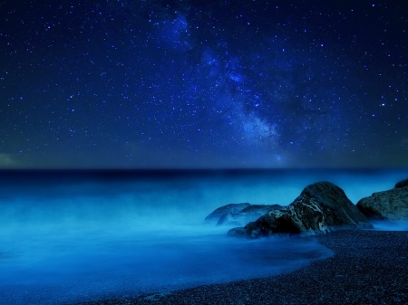 Stars over sky - fog, sea, night, stars