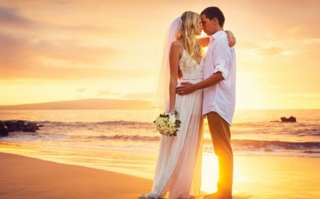 Just Married - bouquet, beach, bride, wedding