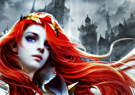 Redhead beauty - game, girl, beauty, frumusete, black, fantasy, grey, redhead, woman, castle