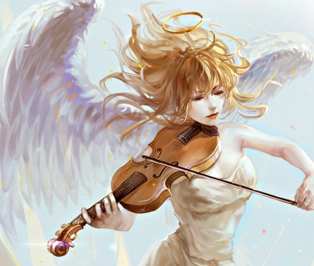 Angel - orekigenya, angel, girl, music, wings, instrument, fantasy, white, feather, anime, violin, blonde, manga