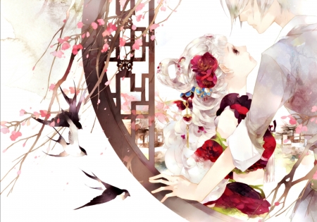 A new love - red, flower, mlcamaro, pink, bird, spring, window, love, sakura, anime, girl, manga, art, white, couple, man