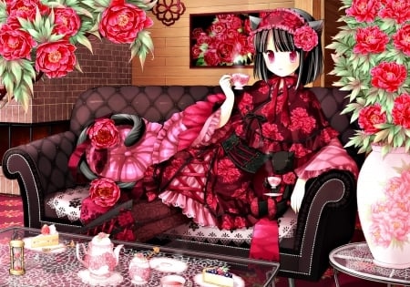 Kanzaki Miku - sweets, sofa, lolita fashion, black, peony, anime, manga, kanzaki miku, tail, cat, girl, tea, vase, cake, pink, red, kuroinu, flower