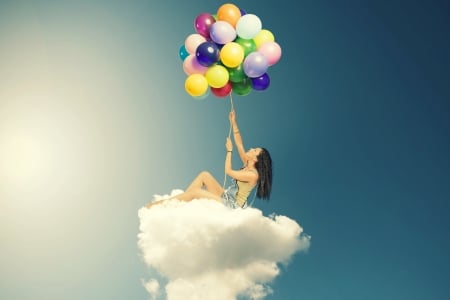 Hapiness - ballon, blue, girl, creative, colorful, fantasy, white, woman, cloud, situation, sky