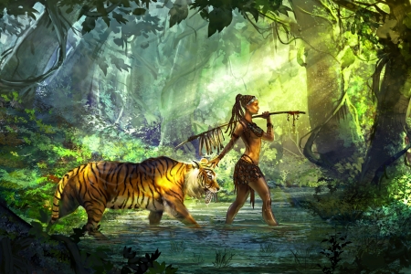 Almost There - women, jungle, magic, fantasy, tiger