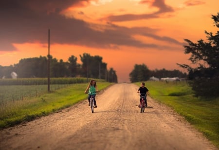 Childhood days - children, sunset, pretty, bike