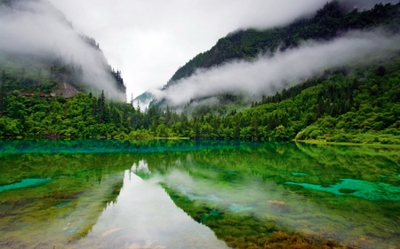 Nebulous Valley - forest, mountains, water, clouds, reflections