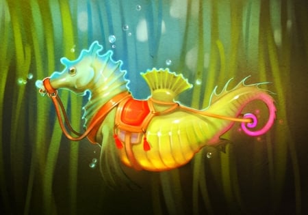 Seahorse - water, fantasy, underwater, painting, seahorse, art, yellow, blue, pink, red, cute