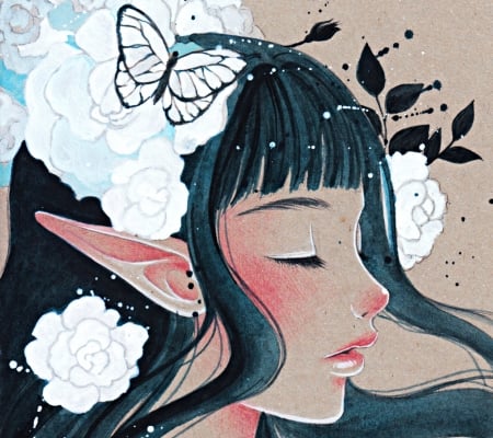 Elf - elf, girl, fantasy, white, art, butterfly, pink, peony, victoria-rivero, paper