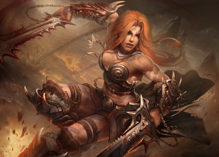 Barbarian - woman, redhead, girl, barbarian, fantasy, art, game, battle, orange, sword, amazon