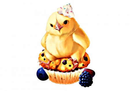 Sitting on food - cream, berry, blueberry, bird, sweet, yellow, anime, sitting on food, chicken, manga, dessert, white, bridget00747, cupcake, food, blackberry