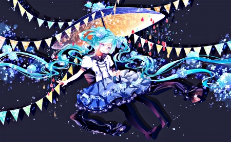 Hatsune Miku - hatsune miku, girl, black, flag, yellow, umbrella, blue, anime, shuuumatsu, manga