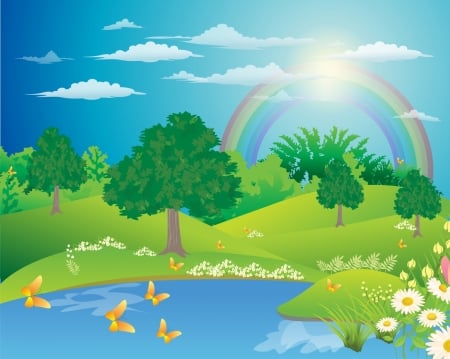 Vector landscape - field, rainbow, nature, landscape