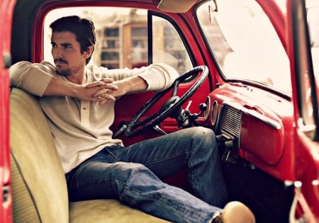 Christian Bale - red, christian bale, car, actor, man