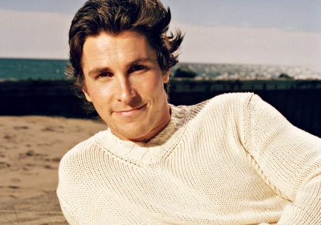 Christian Bale - white, christian bale, beach, man, actor, smile