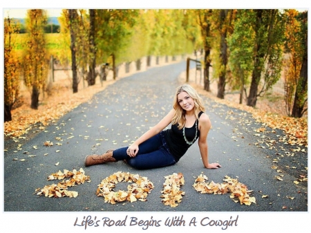 Cowgirl In The Leaves - style, girls, western, women, models, cowgirls, outdoors, fun, female, boots, blondes, fashion