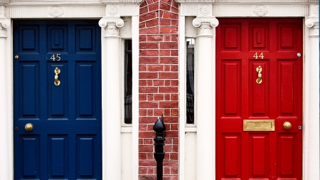 Two doors - red, 1920x1080, brick, blue