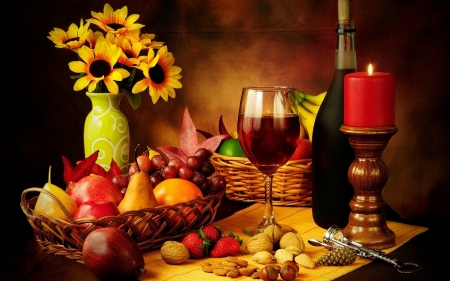 Natural Food - vase, strawberries, flowrs, nuts, candle, still Life, pear, grapes, wine, ts, apple