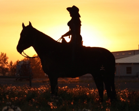 Sunrise Cowgirl - style, girls, western, women, models, hats, ranch, cowgirls, horses, hat, fun, female, sunset, boots, fashion