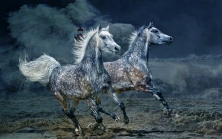 Storm Tossed - cgi, stor, horses, lighthouse, ocean, 3D