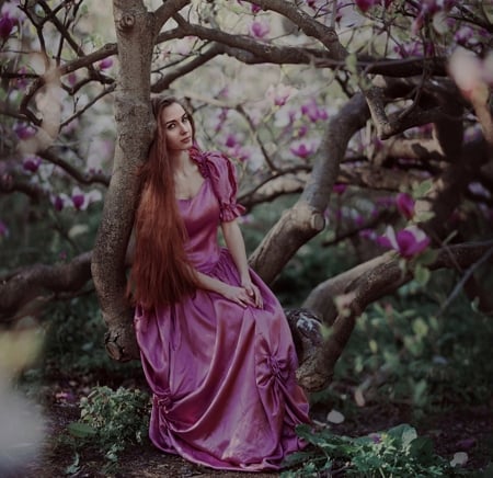 Lady in purple - pyrple, girl, pretty, trees