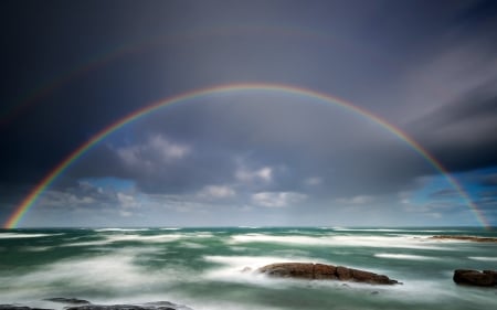 Double Rainbow - nature, rainbow, ocean, rocks