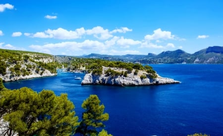 Marseille, France - trees, France, water, coast, blue, beautiful, sea, island, view, marseille, sky, rocks