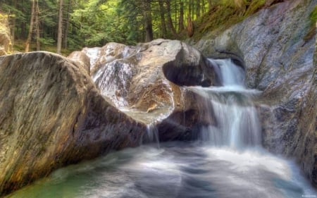 Spring waterfall - stone, landscape, photography, stream, water, summer, wallpaper, waterfall, spring, rocks, hd, nature, abstract, forest, scene