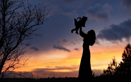 Venus and Cupid - cupid, venus, girl, silhouette, orange, child, boy, black, fantasy, valentine, woman, mother, couple