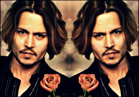 Johnny Depp - black, actor, collage, rose, Johnny Depp, orange, stylonica, man