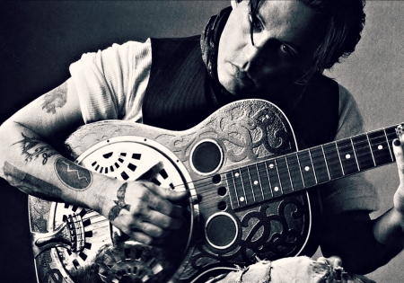 Johnny Depp - music, guitarr, instrument, black, white, tattoo, man, actor, johnny depp