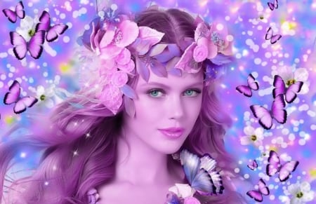 BUTTERFLY NATURE - face, purple, butterflies, pink, female, hair