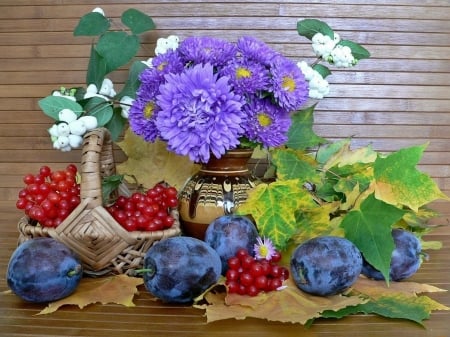 Still Life - flowers, bouquet, vase, fruits, plums