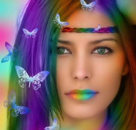 RAINBOW - FACE, FEMALE, BUTTERFLIES, EYES, COLORFUL